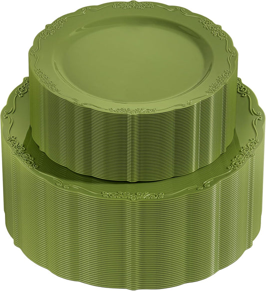 U-QE 100PCS Olive Green Plastic Plates - Plastic Green Plates Disposable Heavy Duty - Olive Disposable Plates for Party Including 50PCS 10'' Dinner & 50PCS 7.5'' Dessert