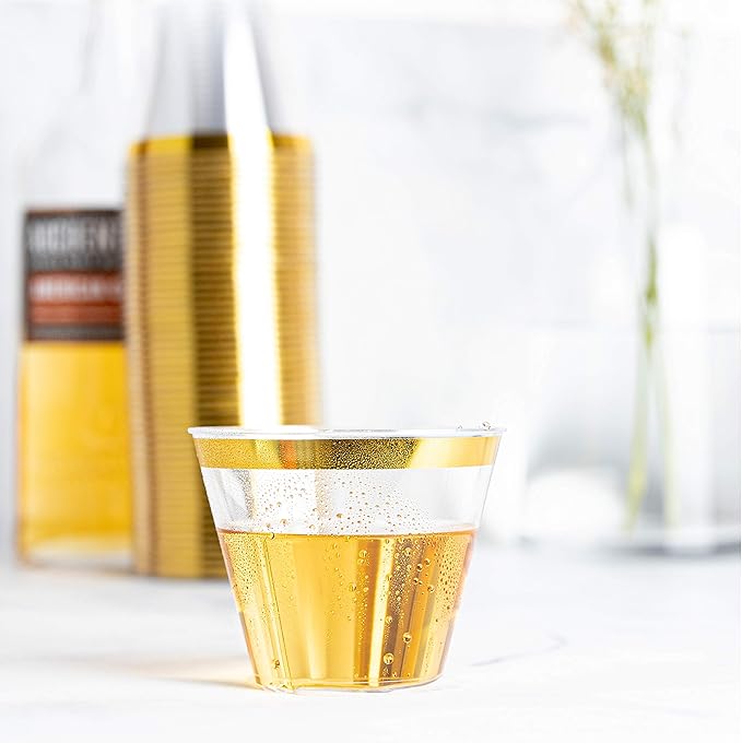 PLASTICPRO 9 oz Disposable Plastic Party Cups,Old fashioned Designed Tumblers, With gold Rim 200 Count, Crystal Clear