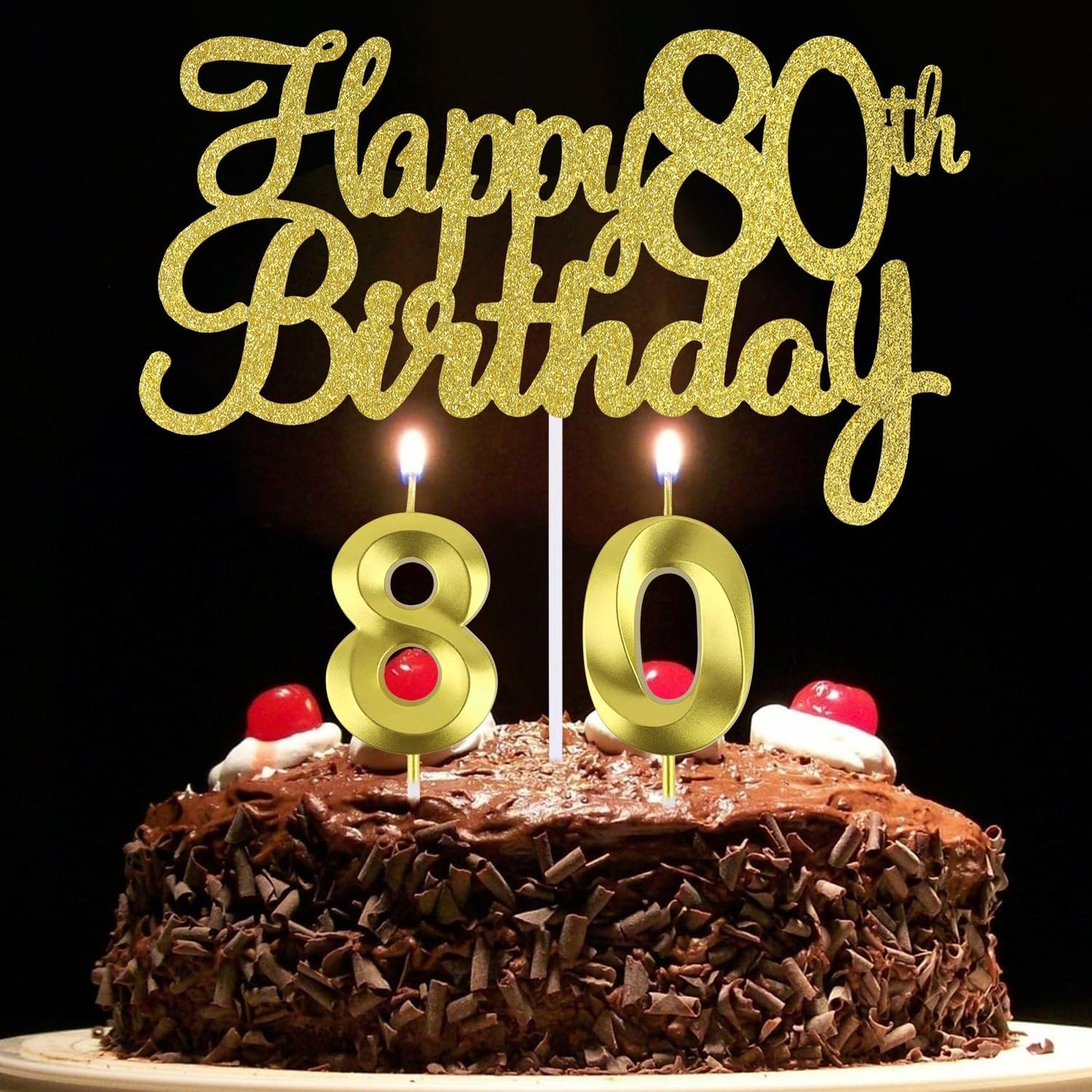80 th Birthday Candles + Happy 80th Birthday Cake Topper, Number 80 Candles，80 Cake Topper, Happy 80th Birthday Cake Decorations, 80 Birthday Decoration for Women and Men (80)