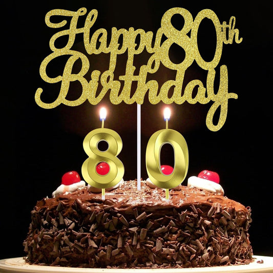 80 th Birthday Candles + Happy 80th Birthday Cake Topper, Number 80 Candles，80 Cake Topper, Happy 80th Birthday Cake Decorations, 80 Birthday Decoration for Women and Men (80)