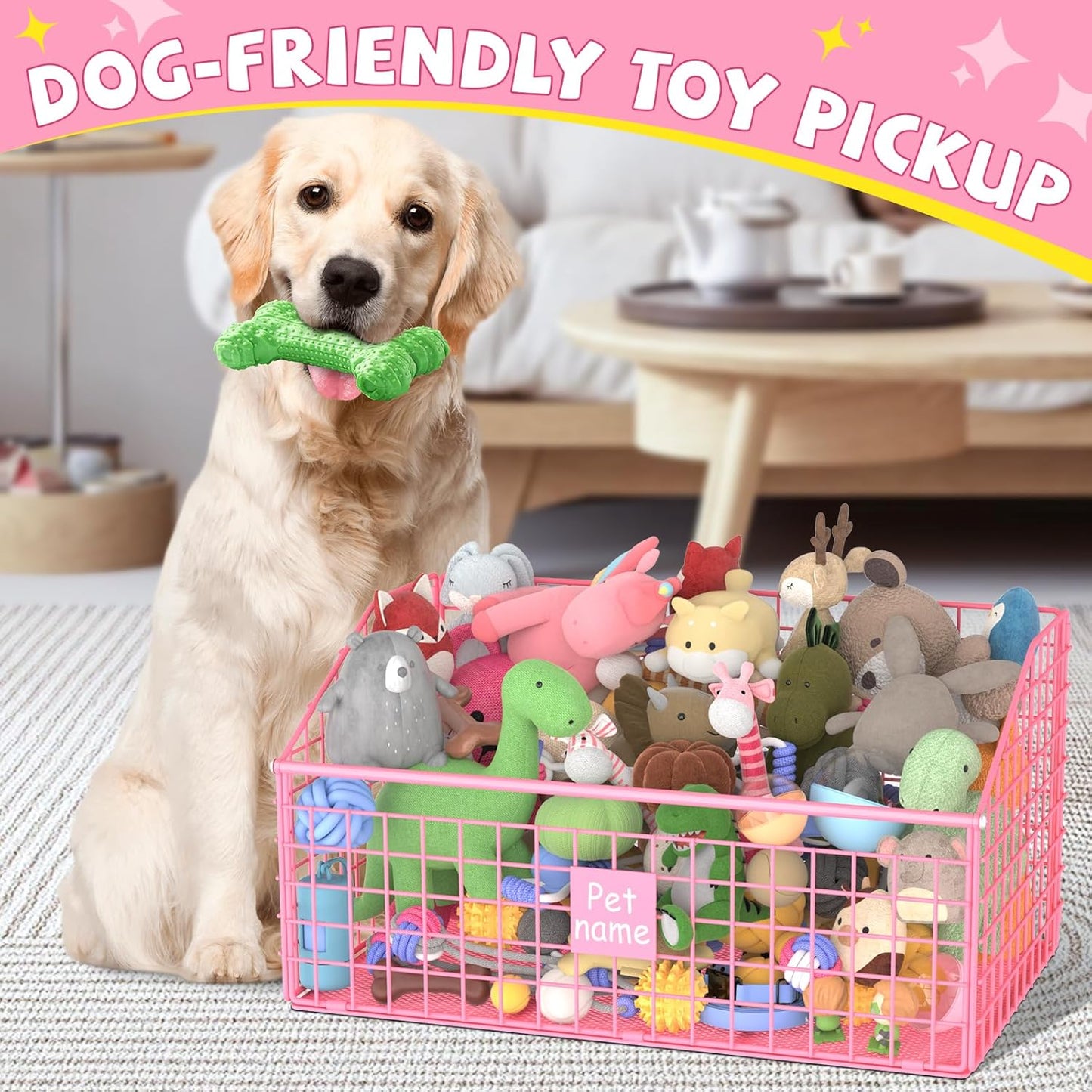 Indestructible Dog Toy basket, Large Toy Box for Dogs,Pet Toy Bin Dog Metal Basket for Toys, Toy Storage Organizer (Pink)