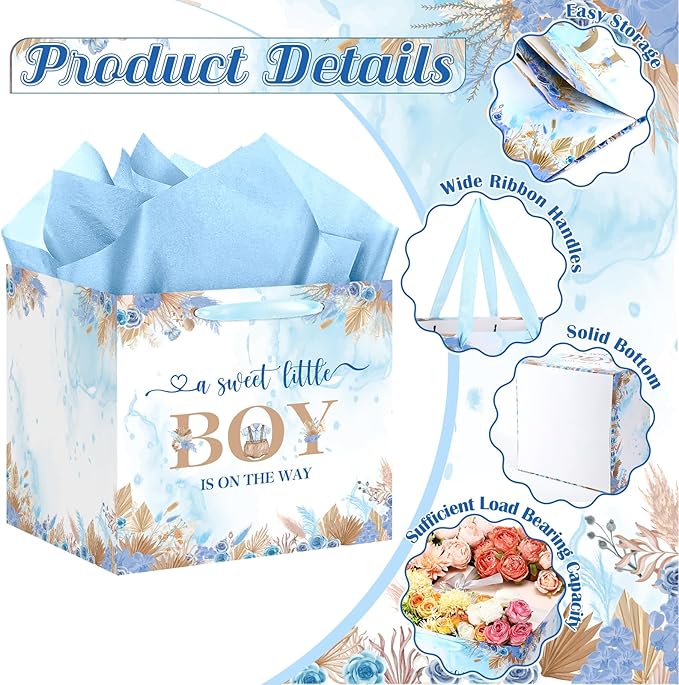 Woosytoo Sweet Baby Boy Gift Bag, Extra Large Baby Shower Square Gift Bags Blue Floral Jumbo Gifts Bag A Sweet Little Boy is on The Way Wrapping Paper Bag for Newborn Gender Reveal Party Favors