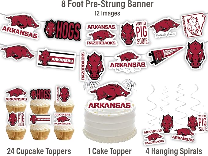 University of Arkansas Party Supplies for Football, Birthday Gift, Graduation Party Banner and Cake Toppers (42 Pieces) (Arkansas Razorbacks)