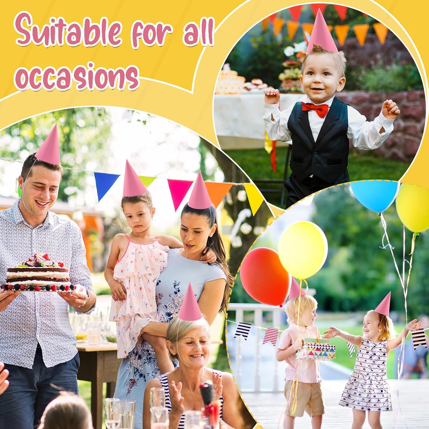 24 PCS Party Cone Hats DIY Birthday Paper Cone Hats for Kids and Adults Birthday, Baby Shower, Bridal Shower