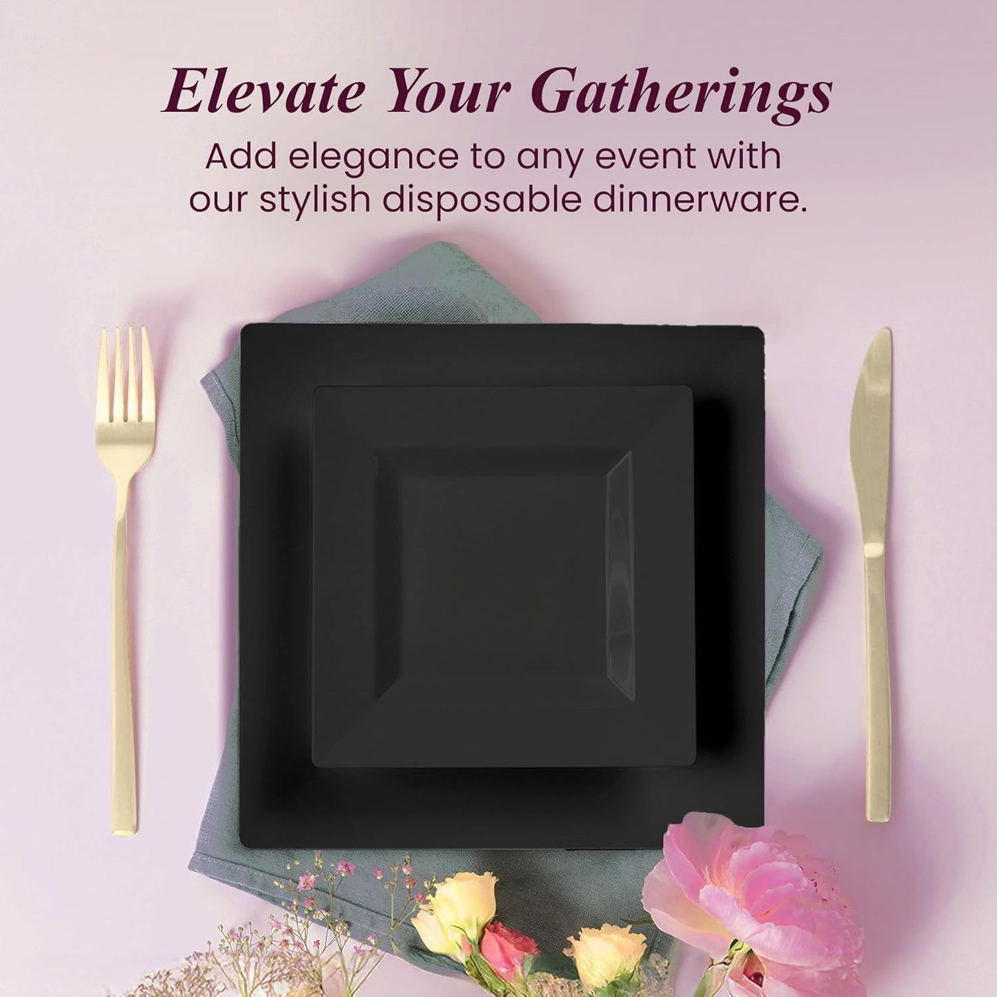 Aya's Square Plastic Plates - 6.5"/9.5" Black Disposable Plates for Party - Heavy-Duty Reusable Food Grade Plastic - 60 Count - Thick and Durable to Prevent Breaking - Ideal for Events and Gatherings