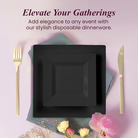 Aya's Square Plastic Plates - 6.5"/9.5" Black Disposable Plates for Party - Heavy-Duty Reusable Food Grade Plastic - 60 Count - Thick and Durable to Prevent Breaking - Ideal for Events and Gatherings