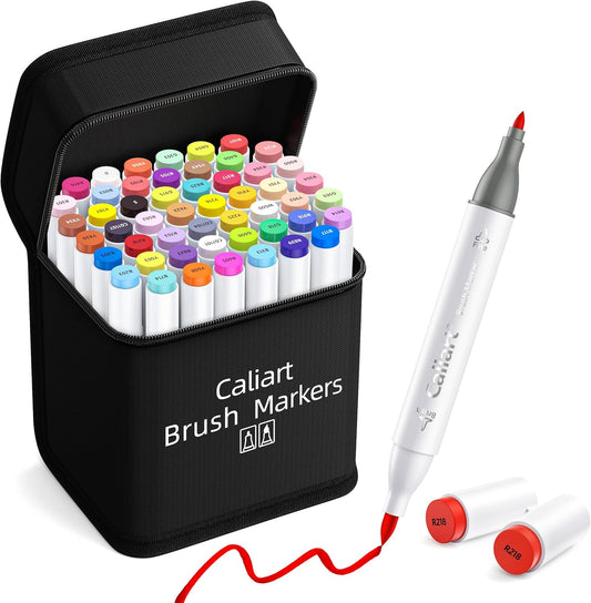Caliart Alcohol Markers Brush Tip, 51 Colors Dual Tip Coloring Marker Pen Set Brush & Fine, Art Supplies Kit Gift for Adults Coloring Book Artists Sketch Drawing Illustration