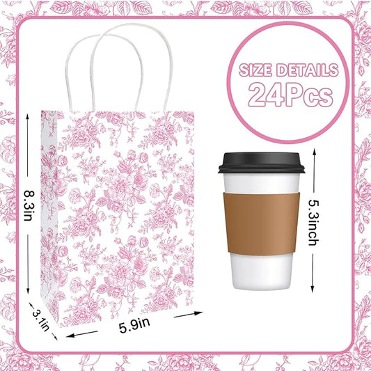 JarThenaAMCS 24Pcs Pink Floral Paper Bag Vintage Flower Candy Treat Bags with Handles Chinoiserie Grocery Shopping Bag for Birthday Wedding Party Favors Supplies