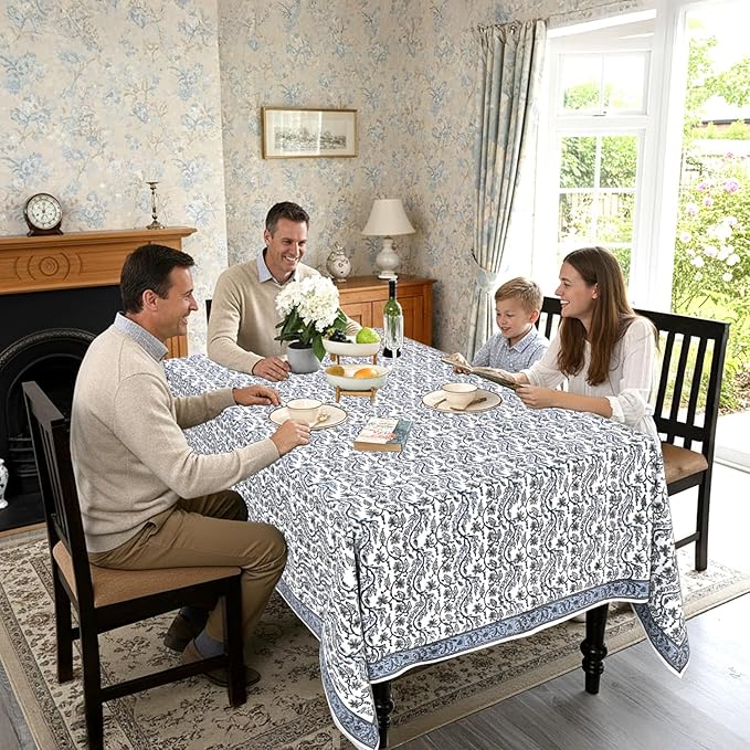 Ridhi Hand Block Print Baby Blue Eyes Rectangle Cotton Tablecloth 190" x 72" Reusable Table Cover Decorative Everyday Use for Dining, Farmhouse, Home Gift for Spring, Easter, Valentine