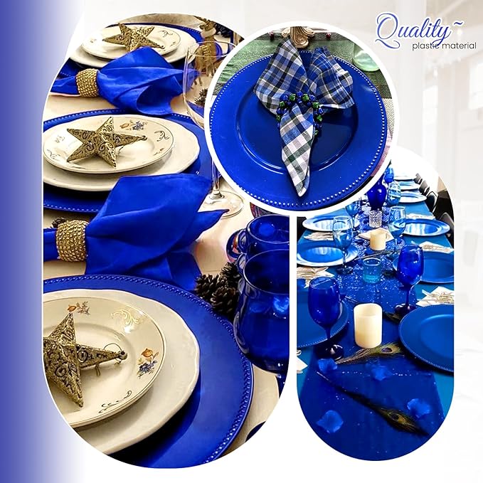 50 Royal Blue Charger Plates Bulk, 13" Round Beaded Decorative Dinner Chargers for Wedding Party, Baby Shower Event Decoration