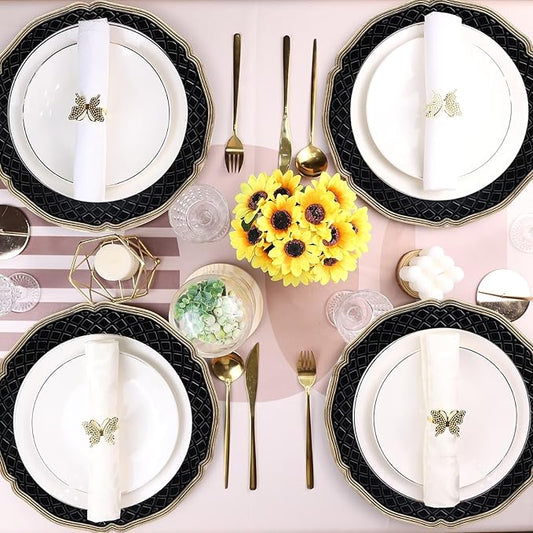 Black Scallop Charger Plate, Set of 6 Plastic Wedding Bulk Plate Charges for Dinner Plates, Table Decoration, Holiday, Thanksgiving, Christmas.