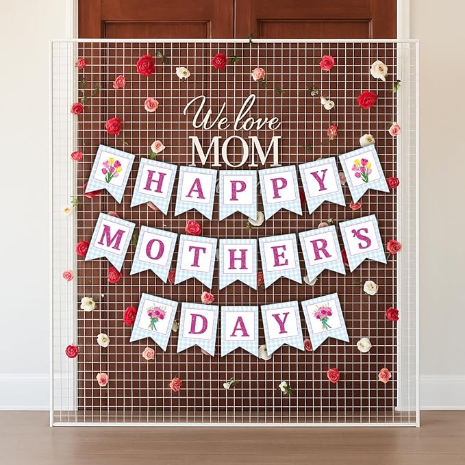 Happy Mother's Day Banner Set Decoration for Mother's Day Party Decorations Backdrop Garland for Mom Glitter Garland Photo Props (Blue Tulip)