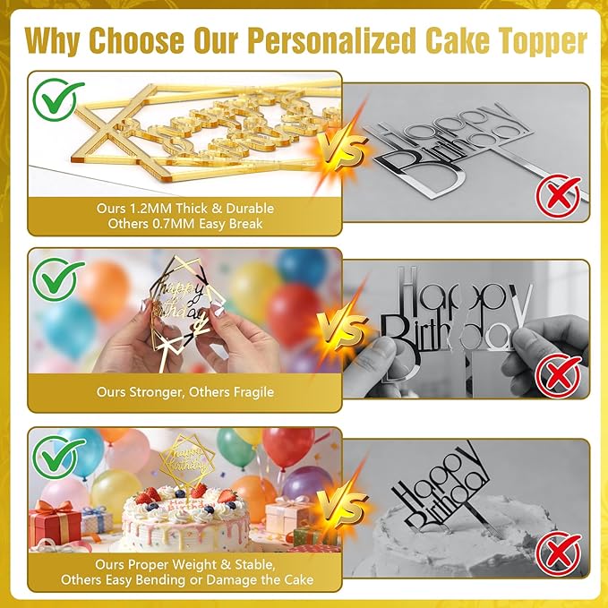 16 PCS Happy Birthday Cake Topper Set, Gold Cake Decoration, Acrylic Reusable Numbers Cake Cupcake Desserts Topper Double-Sided Glitter Birthday Cake Topper for Kids Adults