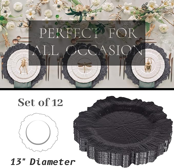 MAONAME 13" Black Charger Plates, Round Reef Chargers for Dinner Plates, Plastic Plate Chargers for Table Setting, Wedding Decor, Set of 12