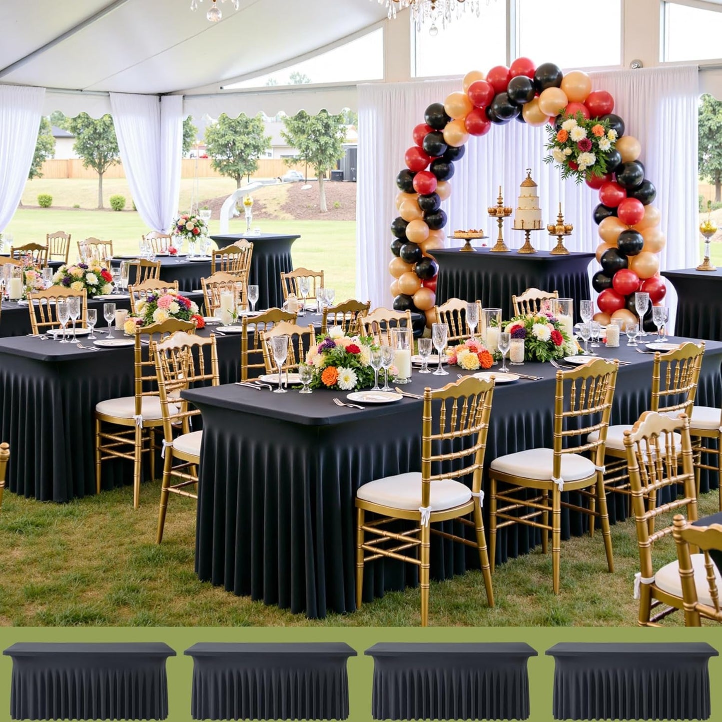4pk Black Spandex Tablecloths 6ft for Rectangle Tables, Wrinkle Free Classy Table Skirt Stretchy Fitted Table Cloths Covers 6 Foot for Weddings Birthday Party Events Banquette Baby Shower