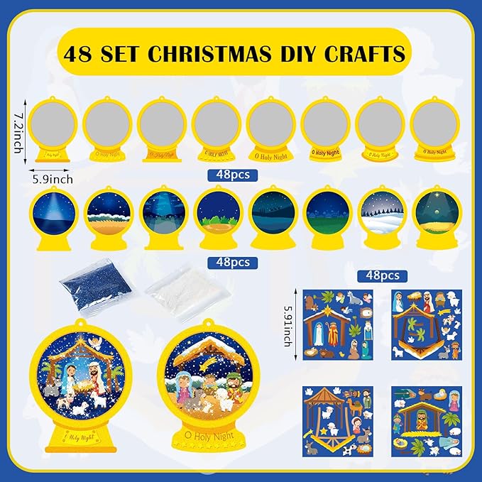 Frienda 48 Set Christmas Shaking Nativity Snow Globe Craft Kit Make a Jesus Birth Snowglobe Stickers Ornament Bulk with Glitter Sequins Papers for Xmas Tree Decor Religious Classroom Game Activities