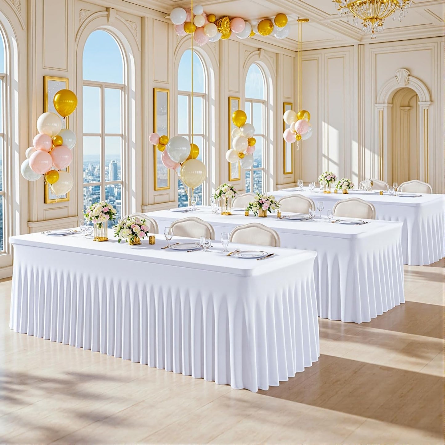 2 Pack 8ft White Spandex Tablecloths for Rectangle Tables Wrinkle Free White Rectangle Table Cloth Stretch Fitted 8 foot Table Cover with Skirt for Wedding Birthday Party Banquet Baby Shower Buffet