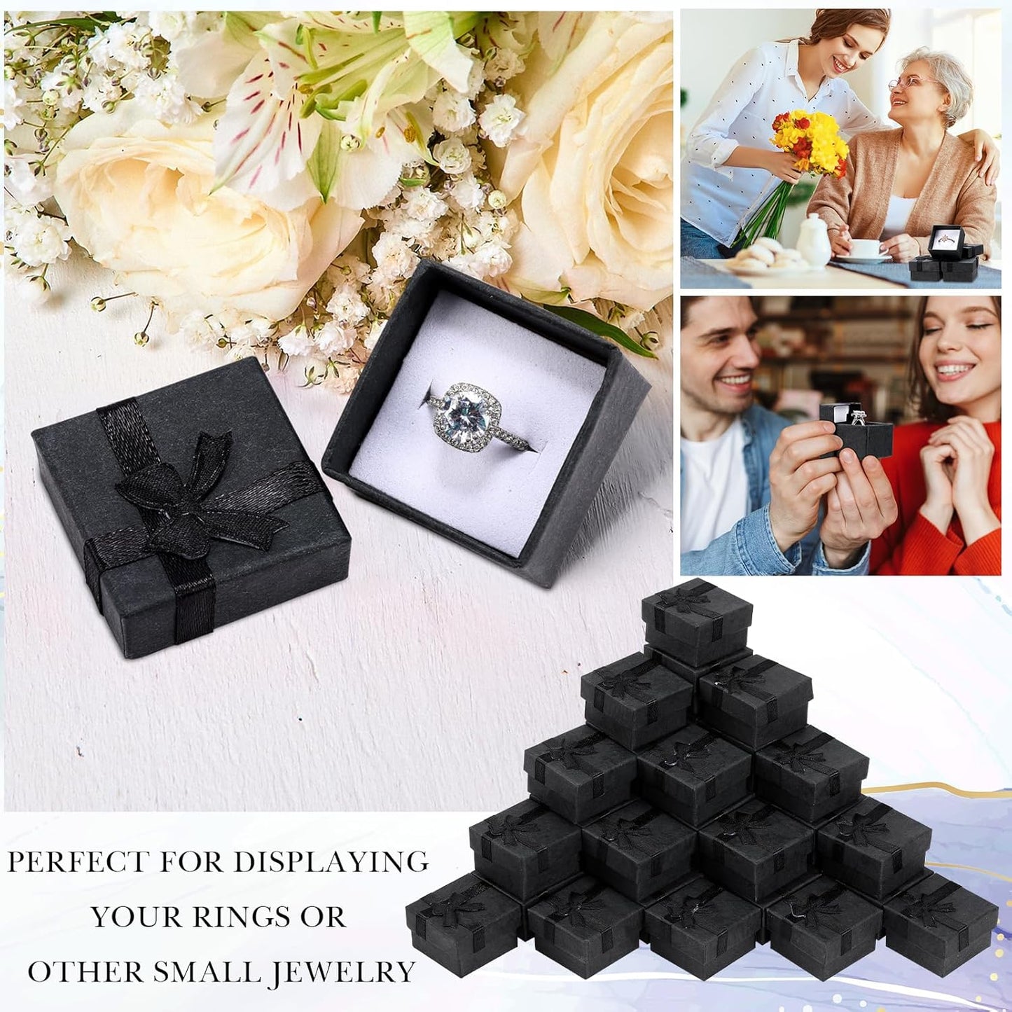 Bucherry 72 Pcs Ring Boxes 1.6 x 1.6 In Hard Cardboard Jewelry Box with Ribbon Bow Small Jewelry Gift Cases for Small Business(Black)