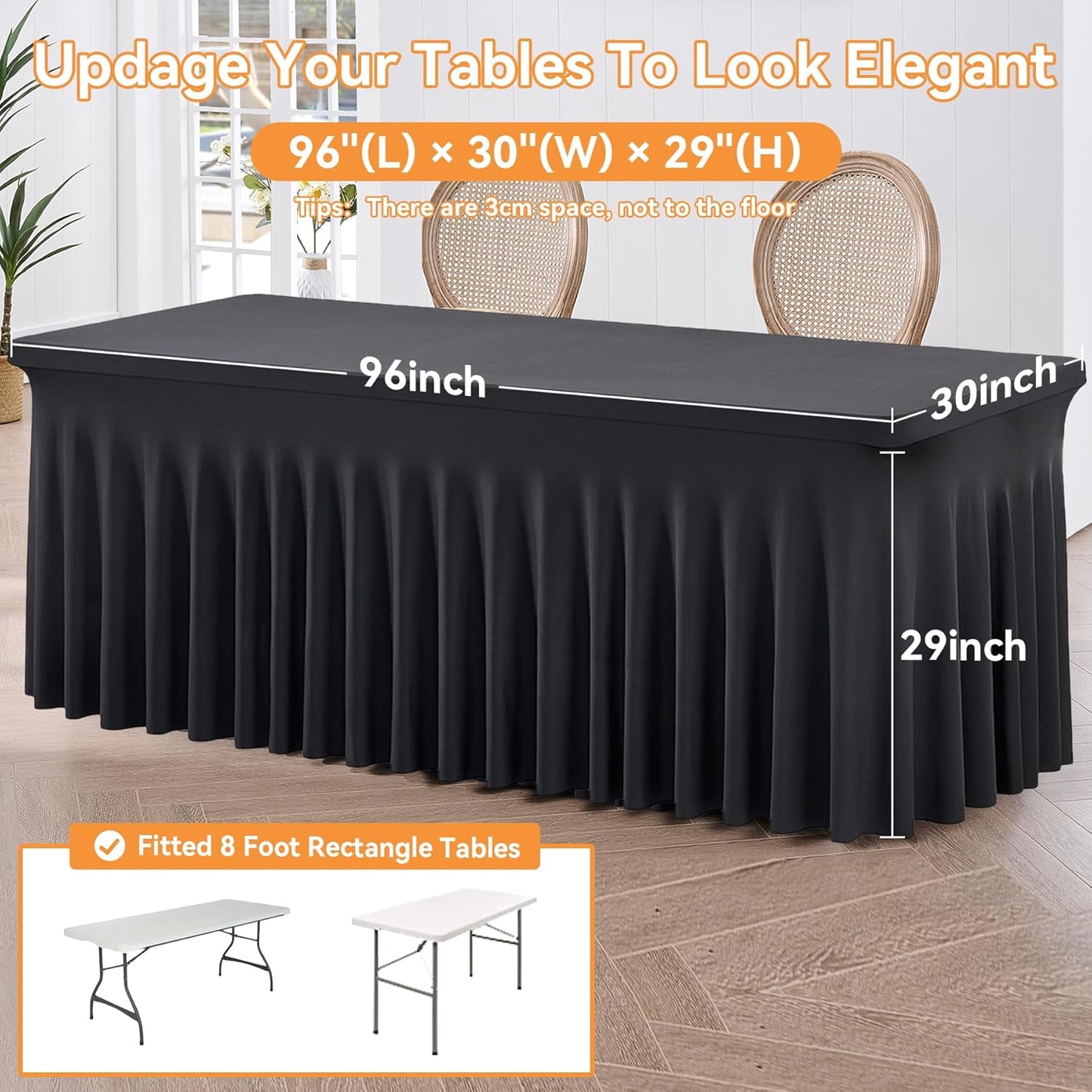 6 Pack Black Fitted Spandex Table Cloth Rectangle 8ft, Wrinkle Free High-Stretch Skirted Tablecloths for 8 Foot Rectangle Tables, Decor Parties Weddings Birthday Banquet Spandex Table Cloths Cover
