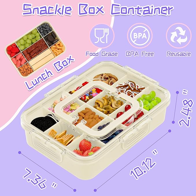 Snack Box Container for Kids - Adjustable 12-Compartment Snack Containers, Reusable Bento Box, Dishwasher Safe, BPA-Free, Perfect for School, Travel, Camping & Picnic, Ivory White