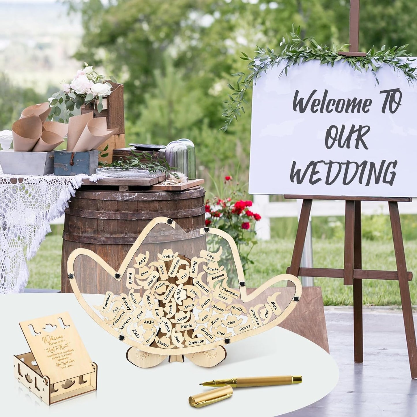 Wenqik 63 Pcs Cowboy Hat Baby Shower Guest Book Alternatives Set Baby Shower Decorations with Photo Frame Sonogram Frame Keepsake 60 Wood Slices Guest Book for Birthday