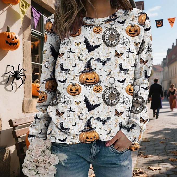LIZALIG Pullover Cute Sweatshirt Orange Skeleton Fall Festive FunWomens Design Bat Holiday Party Outings Pumpkin Print