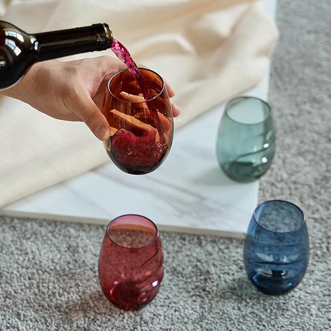 Unbreakable European Plastic Crystal, Stemless Wine Glasses | Set of 4, 13.5 OZ | Acrylic Tritan Set with 3-Finger Indentations - Muted Colored Tumbler Set, BPA Free, Reusable, Naturally Aerates Wine