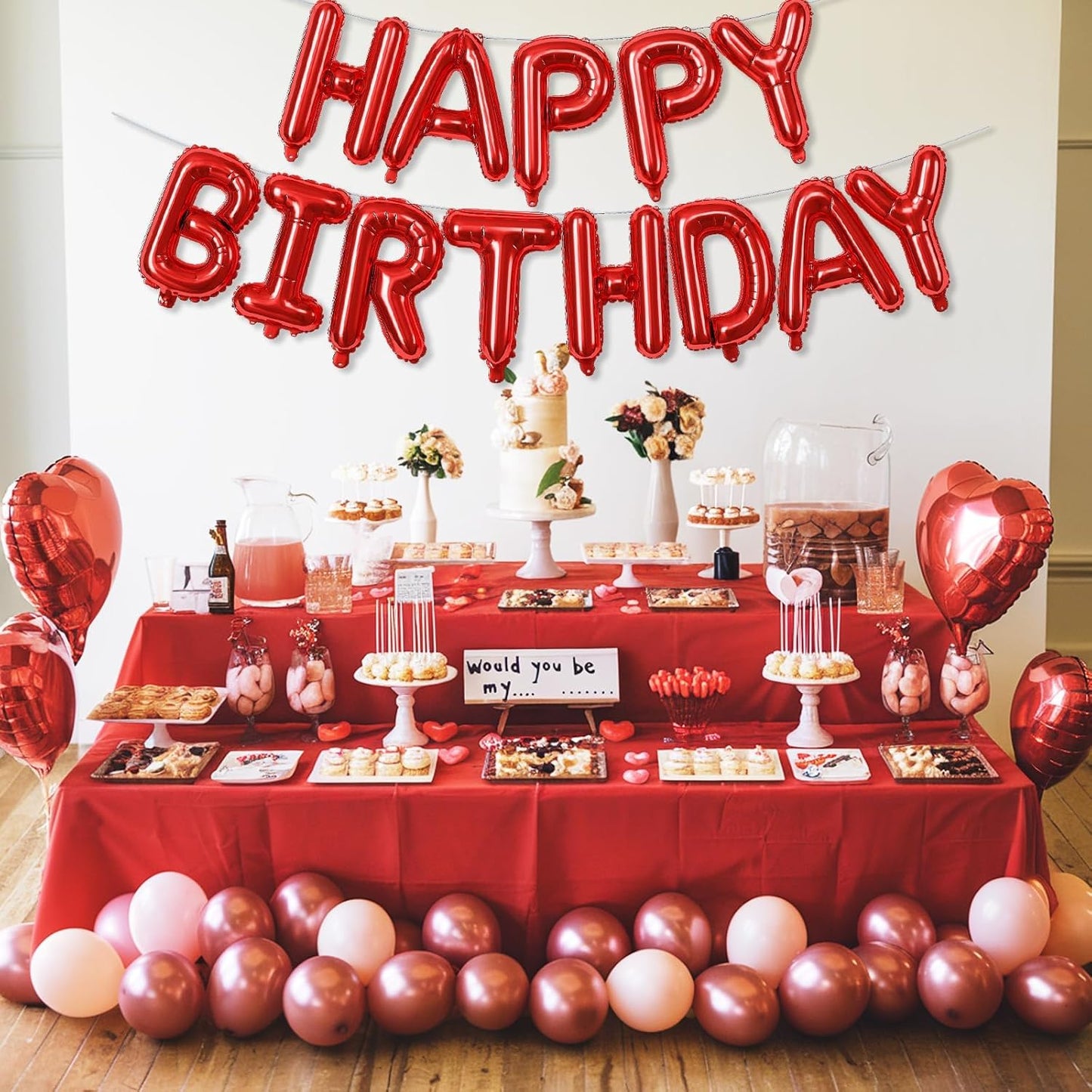 Red Happy Birthday Balloons Letters, 16 Inch Reusable Banner, Self Inflating Foil Bunting for Women Men Boys Girls Party Decorations Supplies