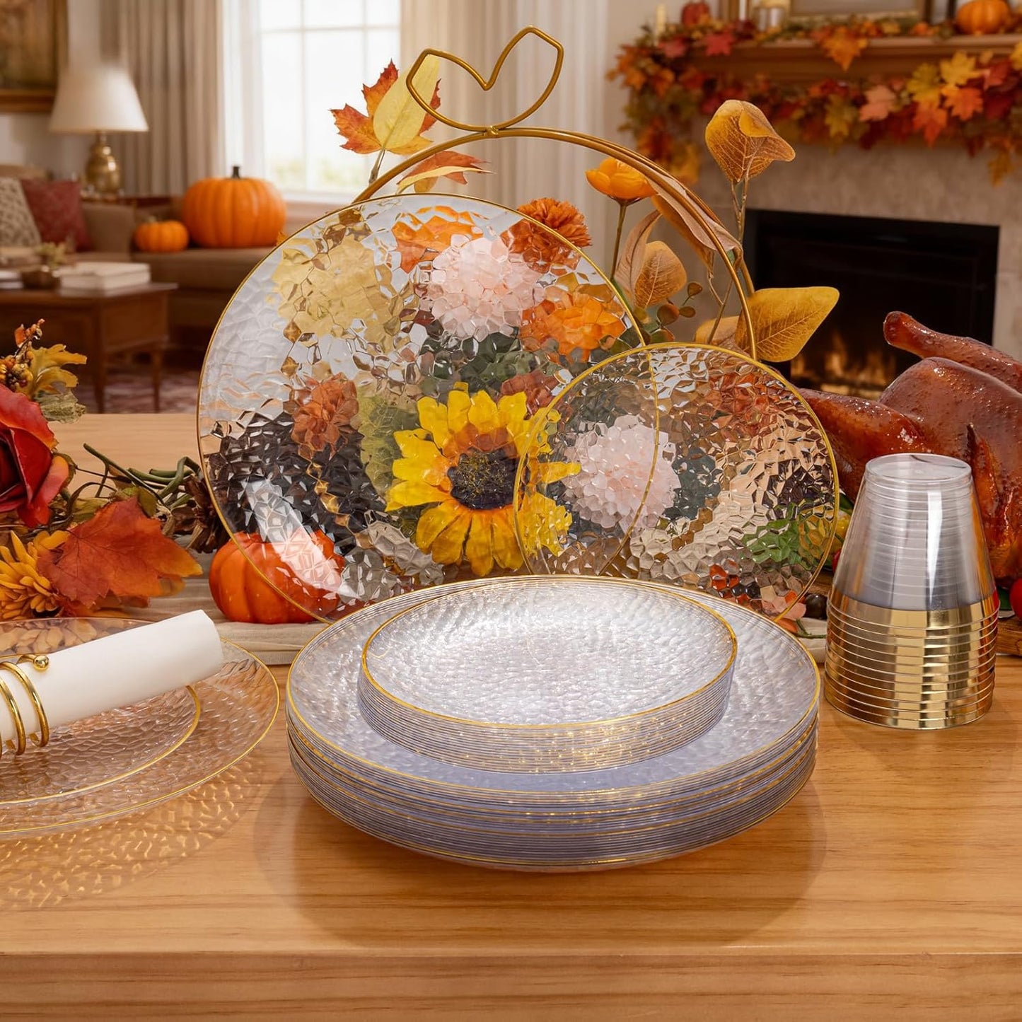 Rubtlamp 350 Pcs Clear Gold Plastic Plates, Hammered Disposable Dinnerware, Clear-Gold Plates Set Include 100 Plastic Platos, 150 Gold Disposable Silverware, 50 Cups And 50 Napkins for Thanksgiving