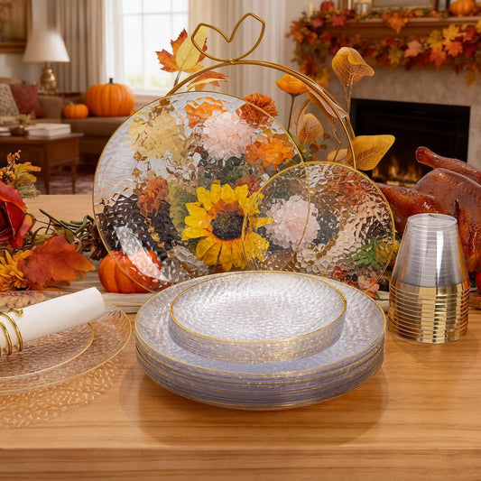 Rubtlamp 350 Pcs Clear Gold Plastic Plates, Hammered Disposable Dinnerware, Clear-Gold Plates Set Include 100 Plastic Platos, 150 Gold Disposable Silverware, 50 Cups And 50 Napkins for Thanksgiving