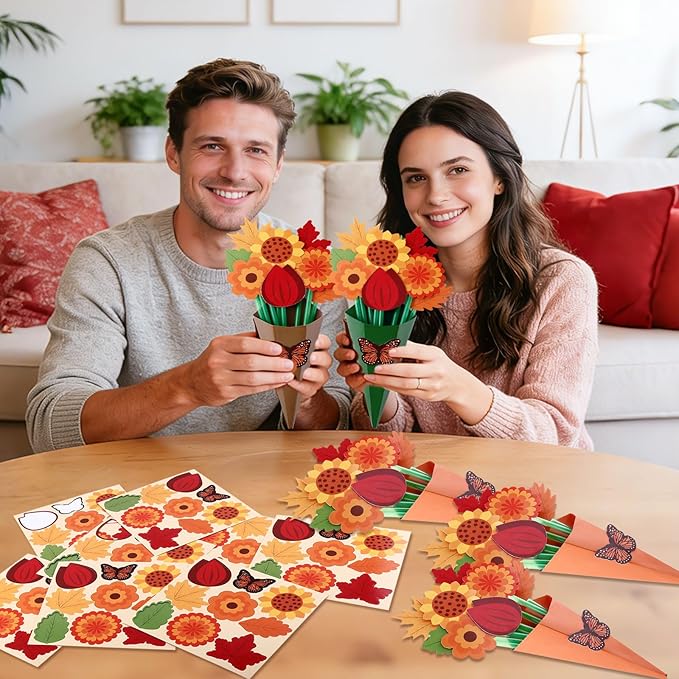 FULAIERGD 32 Set Fall Paper Flower Crafts DIY Autumn Thanksgiving Flower Bouquet Craft Kit-Make Your Own Thankful Florals for Party School Teacher Appreciation Week Thanksgiving Gift