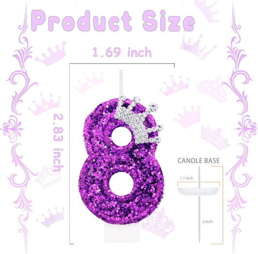 Purple Birthday Candle for Cake, Crown Purple Number Candles, 2.76 inch Cake Topper Decoration for Princess Birthday Party (Number 8)