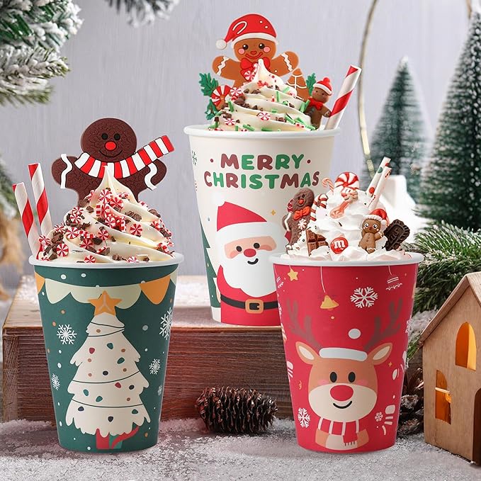 100 Pack 12 oz Christmas Coffee Cups No Lids, Disposable Hot Cold Drinking Cup, 12 Ounce Paper Coffee Cups for Party, Businsess, Holiday, Home