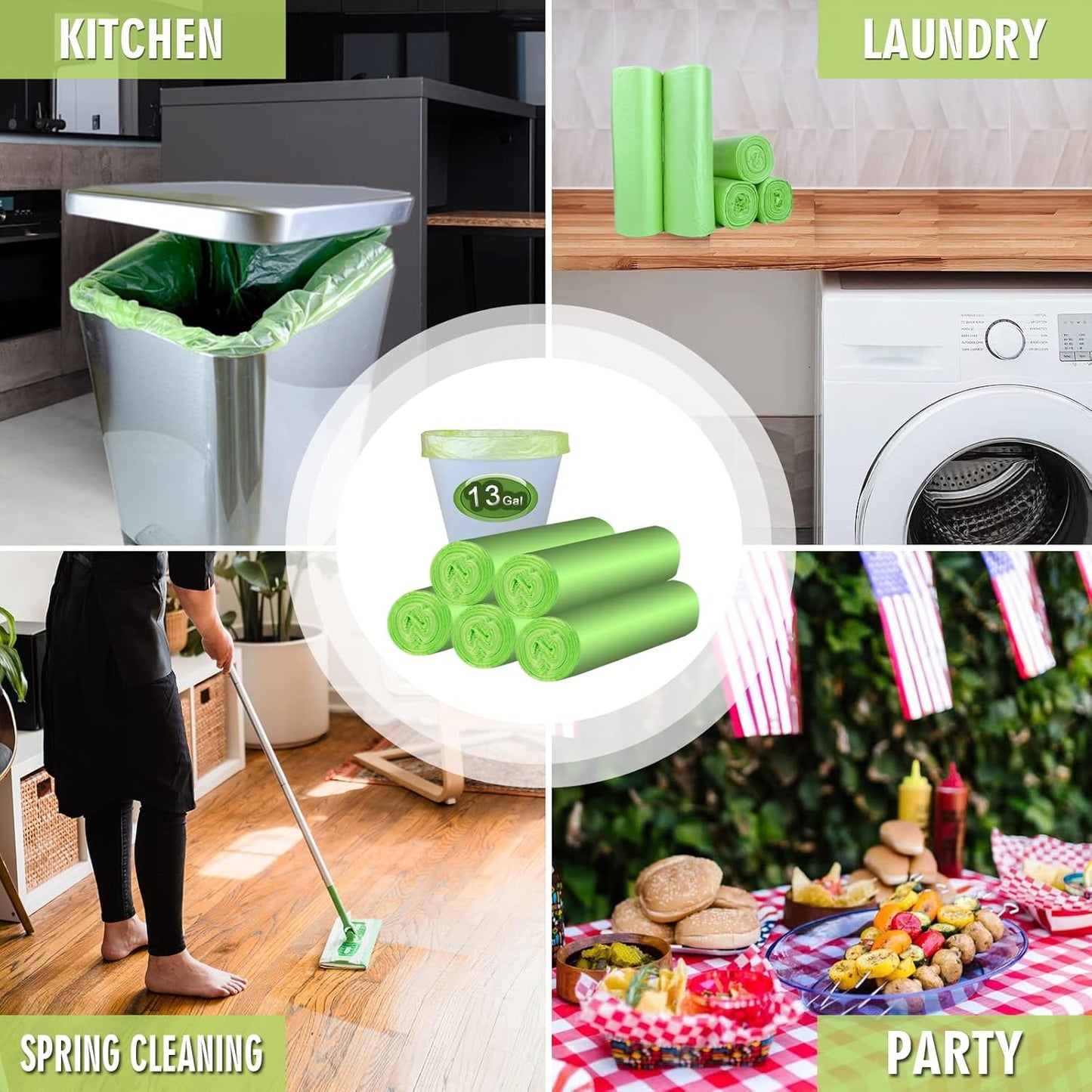Trash Bags 13 Gallon Tall Kitchen Garbage Bags, Inwaysin Recycle Bags, Biodegradable Trash Bags, 75 Bags, Green