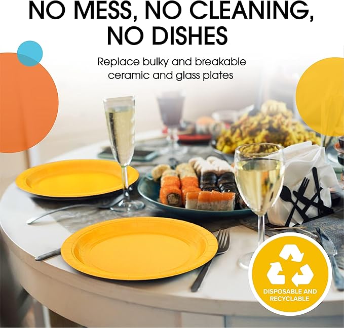 Exquisite Party Solids Yellow Paper Plates Disposable Heavy Duty 7 Inch Yellow Disposable Plates For Party 100 Pcs Heavy Duty 350 GSM, Birthday Supplies