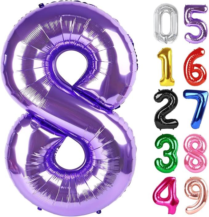 Purple Number 8 Balloon 40 Inch, 8th Birthday Party Decorations for Children, Giant 8 Foil Balloon for Party Supplies