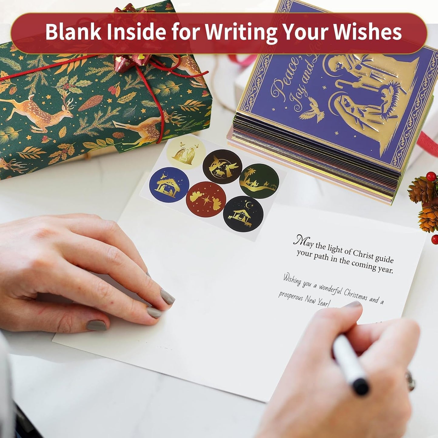 24 Pack Religious Christmas Cards with Envelopes & Stickers, 5x7in Gold Foil Embossed Christmas Greeting Cards Set 6 Designs with Printed Message Inside(Religious Style)