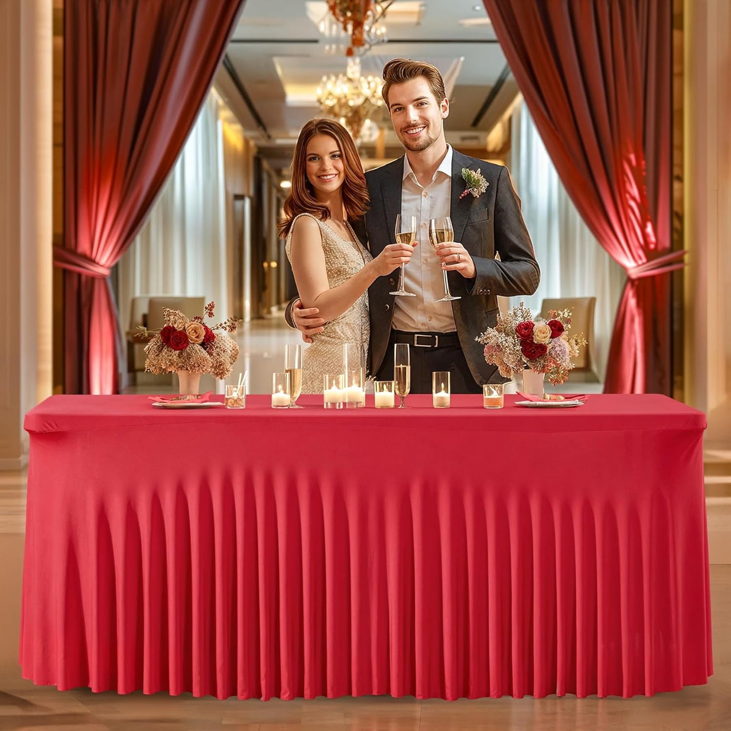 PARTISKY Red Spandex Tablecloth for 4ft Rectangle Tables, Stretchable Table Cover Skirt for Folding Tables Weddings Parties Banquets Events Trade Shows and Dessert Table