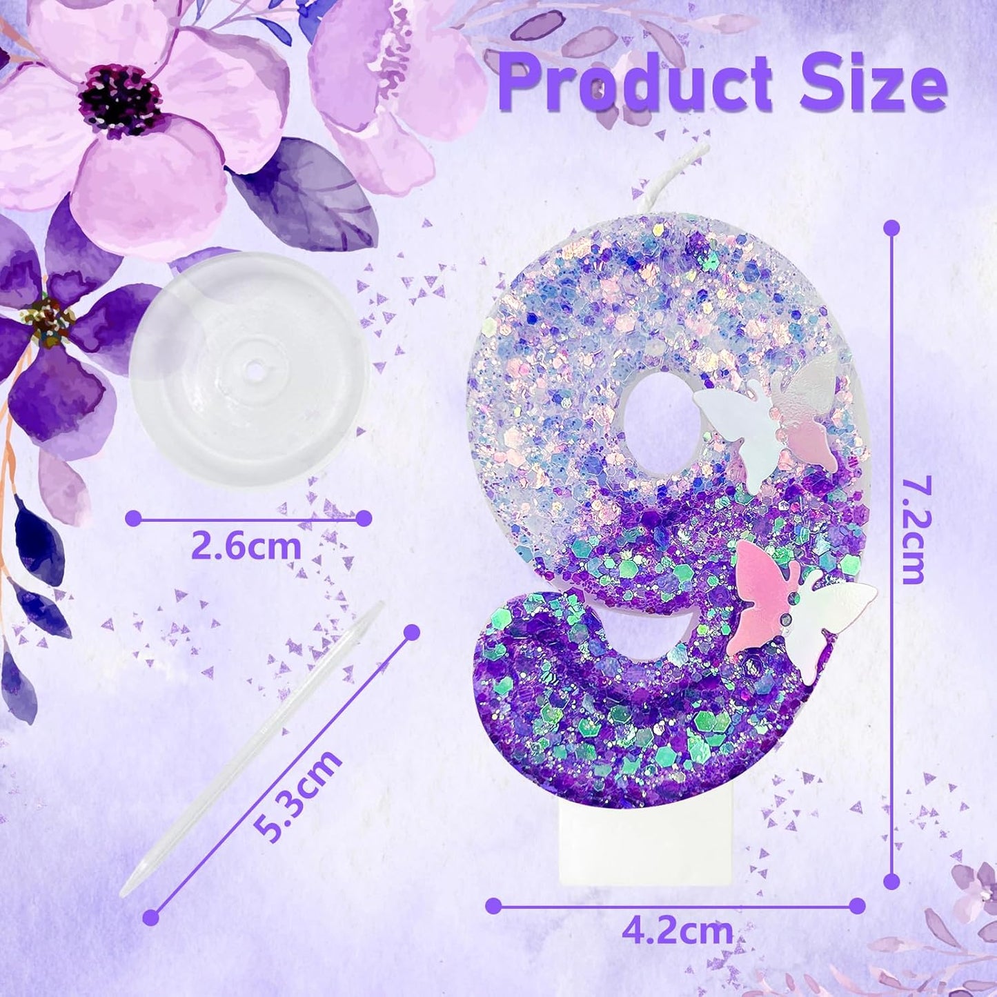 9Th Birthday Candle for Cake，Butterfly Cake Toppers，Butterfly Birthday Decorations，Purple Birthday Candles，for Birthdays,Theme Parties, Celebration, Anniversary