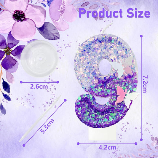 9Th Birthday Candle for Cake，Butterfly Cake Toppers，Butterfly Birthday Decorations，Purple Birthday Candles，for Birthdays,Theme Parties, Celebration, Anniversary