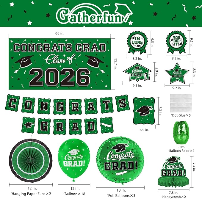 Green Themed 2026 Graduation Decorations Set - Congrats Grad Banner, Class of 2026 Backdrop, Balloons & Streamers Kit - Complete Party Supplies for High School & College Celebrations