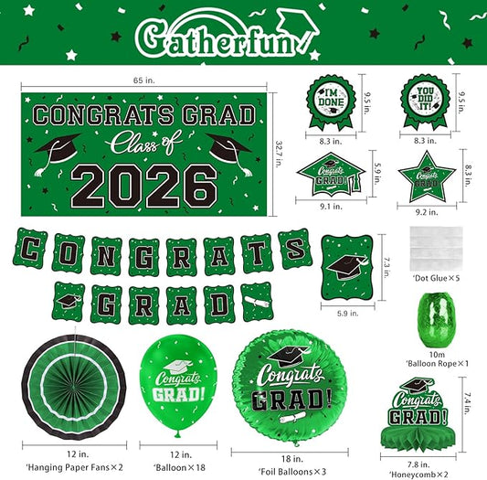 Green Themed 2026 Graduation Decorations Set - Congrats Grad Banner, Class of 2026 Backdrop, Balloons & Streamers Kit - Complete Party Supplies for High School & College Celebrations