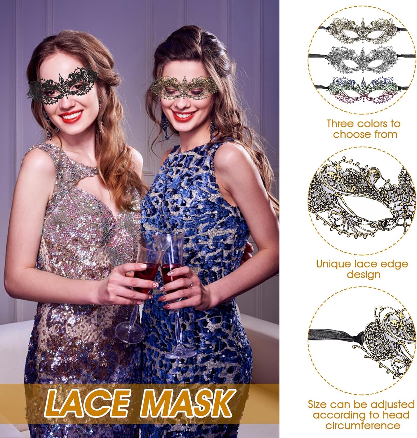 3 Pcs Adult Masquerade Mask Mysterious Fun Lace Masks for Couples Women Man Lace Headpiece Disguise for Costumes