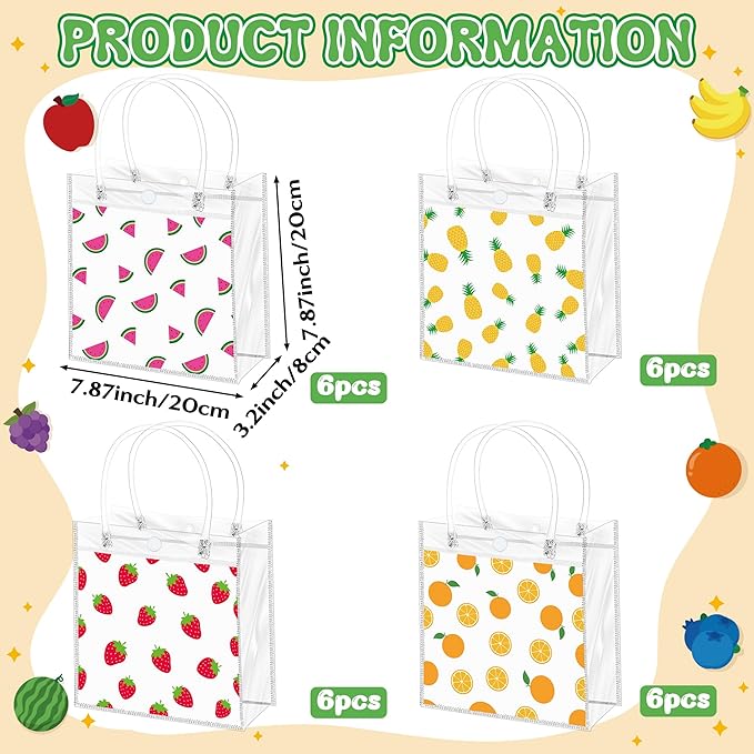 H1vojoxo Summer Fruit Gift Bags - 24PCS Strawberry Orange Watermelon Pineapple Clear PVC Gift Bags with Handles Reusable and Waterproof Mix Fruits Goodie Treat Tote Bag Summer Fruit Party Favor Bag