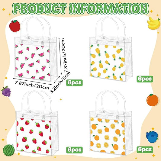 H1vojoxo Summer Fruit Gift Bags - 24PCS Strawberry Orange Watermelon Pineapple Clear PVC Gift Bags with Handles Reusable and Waterproof Mix Fruits Goodie Treat Tote Bag Summer Fruit Party Favor Bag
