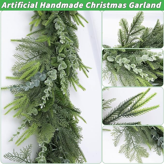 2 Pack 6FT Christmas Eucalyptus Cedar Faux Pine Cypress Garland for Mantle Stairs Wall Table Indoor Outdoor Xmas Decor