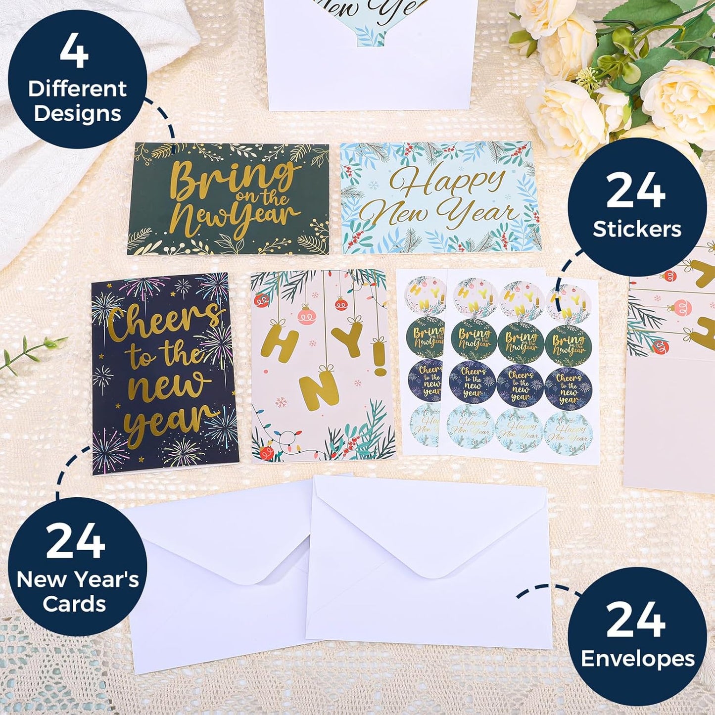 New Year Cards with Envelopes, 24 Pack 4x6in Happy New Year Greeting Cards, Gold Foiled Holiday Card, 300gsm Note Card with Stickers