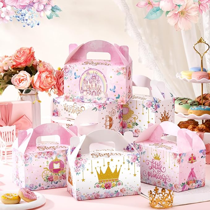 24 Pcs Princess Party Favors Boxes Little Princess Goodie Treat Candy Boxes with Handles Pink Gift Container for Birthday Party Baby Shower Supplies