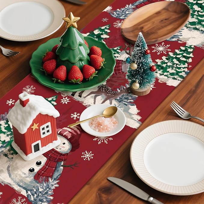 Artscope Reindeer Snowman Christmas Tree Table Runner, Xmas Winter Snowflakes Holiday Kitchen Dining Table Decoration for Christmas Home Party Decor 13x72 Inch-Red