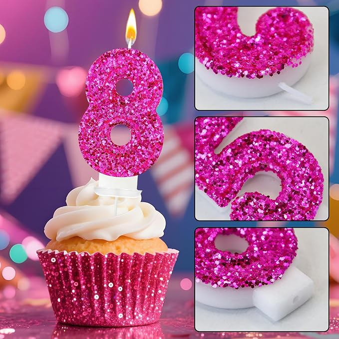 Zailo Birthday Number Candles, Glitter Number Candle Cake Decorations with Sequins, Cupcake Decorations for Girls, Women, Party Anniversary Celebrations (Number 8, Bright red)